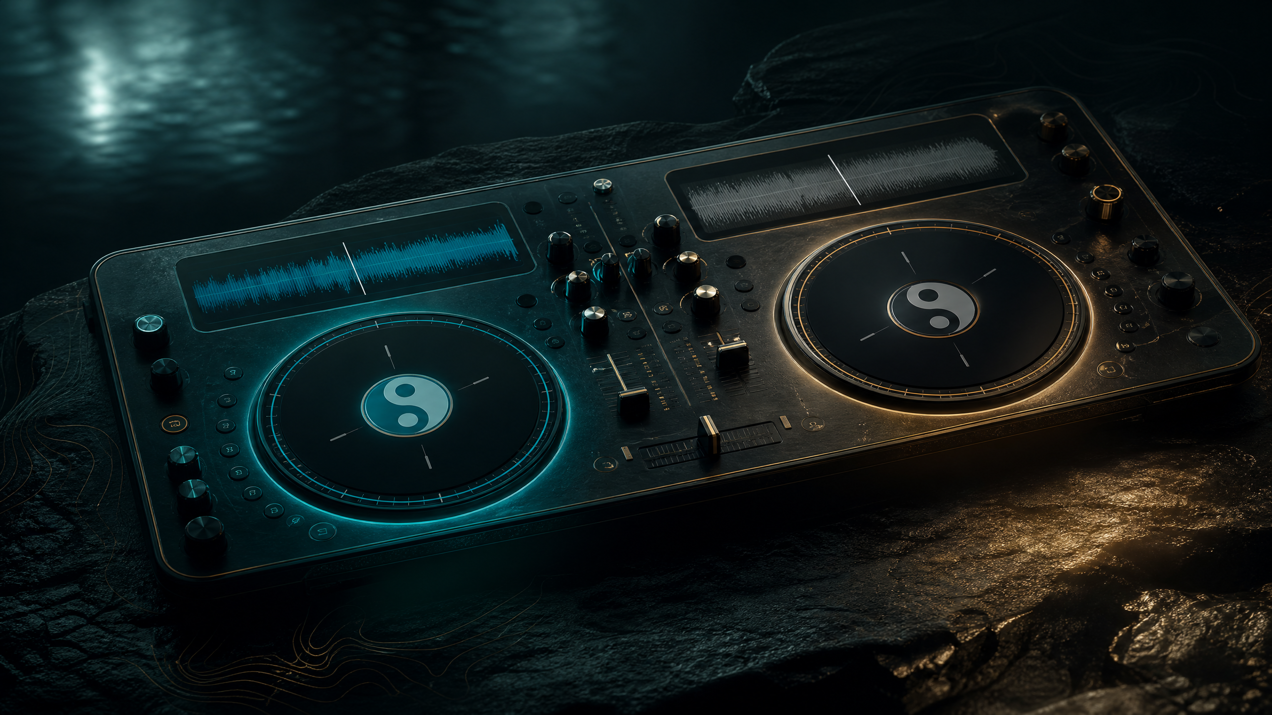 FlowCast DJ two-deck audio console in Water Teal and aged bronze